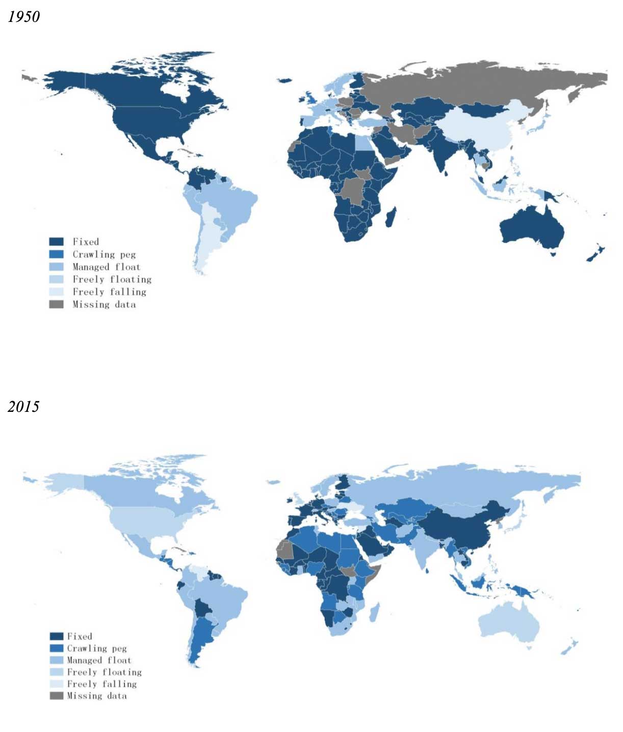 Mapa de los arreglos de tipos de cambio en 1950 y en 2015